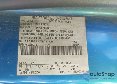 2000 Ford Focus Zx3 from USA, damaged, VIN 3FAFP3134YR251928